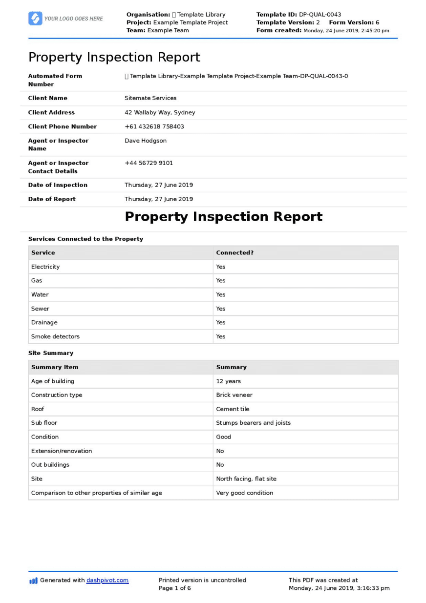 Property Inspection Report form with company logo, including sections for property information, inspection details, and a checklist for condition assessment, in a structured layout.